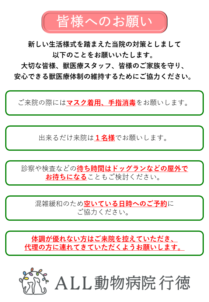 緊急事態宣言解除に伴った新型コロナウイルスに対する当院の取り組みについて 5 26現在 市川市 浦安市の動物病院 All動物病院行徳 皮膚科 眼科